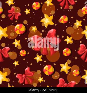 Bows, stars and swirl candies repetitive background. Christmas seamless pattern for winter holidays. Stock Vector