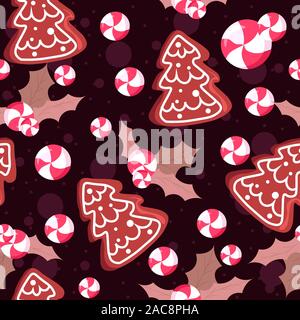 Christmas tree gingerbread with white cream frosting and two colors swirl lollipops. Seamless pattern illustration with mistletoe and leaves, cookies Stock Vector