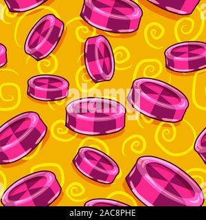 Round hard candies in two colors seamless pattern for Halloween. Trick or treat fruity pink and purple lollipops on orange and yellow background Stock Vector