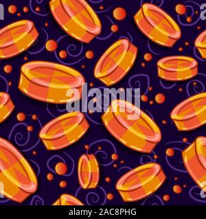 Hard round candies falling and melting. Seamless pattern of Halloween, trick or treat orange and yellow lollipops on a purple background. Stock Vector