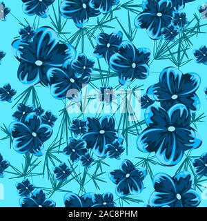 Blue hibiscus spring blue flowers seamless pattern. Illustration of hawaiian tropical plants, repetitive floral and botanical texture for printing. Stock Vector