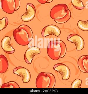Peach and slices on a table seamless pattern. Illustration of a repetitive texture of summer fruits - vitamin C, tropical nectarines. Stock Vector