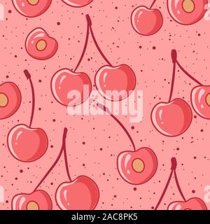 Cherries and half cut fruits in a seamless pattern with pink living coral background and red splash. Vector of summer delicious food. Stock Vector