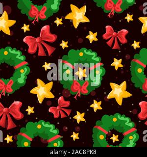 Christmas seamless pattern with green pine garland, red bows and yellow stars. Winter holidays repetitive background. Stock Vector
