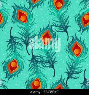 Peacock feathers in winter time with snowflakes falling, seasonal seamless pattern. Floral ornamental texture for different prints. Repeated bird ethn Stock Vector
