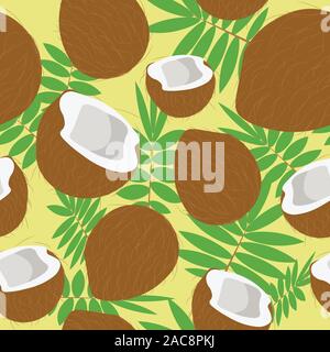 Coconut fruits and palm leaves seamless pattern. Illustration of brown unpeeled nuts, tropical food. Stock Vector