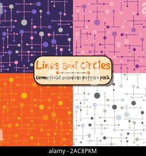 Purple, orange, pink and white seamless pattern pack. Geometrical repetitive tech background with dots and lines. Stock Vector