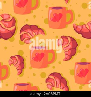 Hot chocolate in a pink mug with hearts and bakery products seamless pattern. Illustration of croissants and coffee for morning breakfast Stock Vector