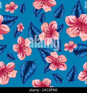 Seamless pattern of tropical pink flowers and leaves. Hibiscus and palm tree pink and blue vector for printing. Stock Vector