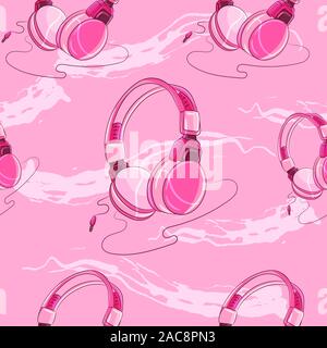 Pink girly headphones with a cable seamless pattern. Music genres, audio connection illustration. Stock Vector
