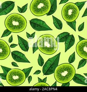 Half cut kiwies and green plant illustration. Seamless pattern of tropical fruits and lemon leaves. Sweet and sour food full of vitamin C, colorful sn Stock Vector