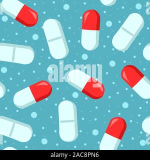 Blue and red medical dose remedy, seamless pattern. Illustration of white tablet pills. Stock Vector