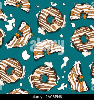 Glazed chocolate donuts with fudge and caramel sauce melting on the table. Illustration of sweet cakes with frosting seamless pattern. Stock Vector