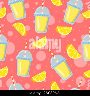 Lemon pieces and lemonade glasses with pink bubbles in the background seamless pattern. Yellow and pink pastel colors illustration. Stock Vector