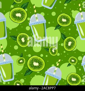 Kiwi slices with leaves and lemonade green juice in a cup with a straw seamless pattern. Illustration of summer exotic fruits with dots and bubbles on Stock Vector