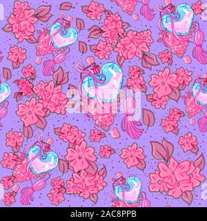 Feminine seamless pattern full of neon cherry flowers glowing and blooming. Pink perfume bottles made of crystal and spring garden plants. Stock Vector
