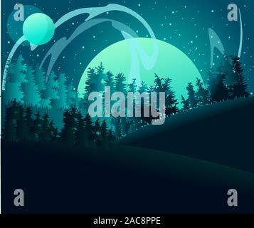 Full moon being absorbed into the fog of other planets. Forest under a planet and northern lights. Flat illustration of a landcape Stock Vector