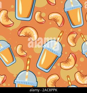 Peach slices and apricot juice in a plastic cup with straw seamless pattern. Summer repetitive background with fresh fruit beverage Stock Vector