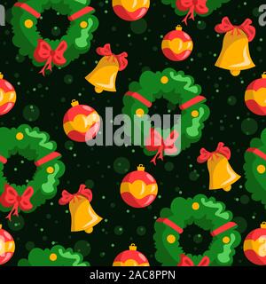 Seamless pattern with christmas bow bells, fir mistletoe garland and globes. Green, red and yellow illustration for december, winter vector with dots Stock Vector