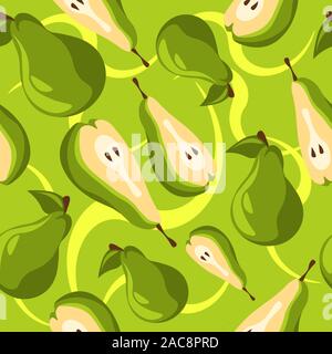 Fresh vegetarian pears and slices, cut in half, seamless pattern. Illustration of nutritious vitamin C and natural food. Stock Vector