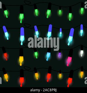 Border with christmas lights glowing in different colors, seamless pattern. Repetitive background for winter holidays. Stock Vector