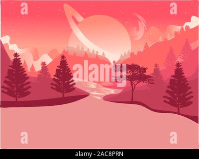 Living coral background of the twilight evening night sky. Pink planet or moon on a sunset. Natural futuristic landscape. Stock Vector