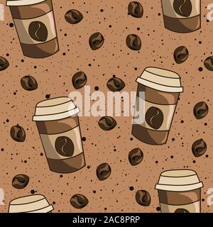 Plastig mugs and coffee beans with liquid splash on the background. Seamless pattern of caffeine, caffee latte mocha on a cup illustration. Stock Vector