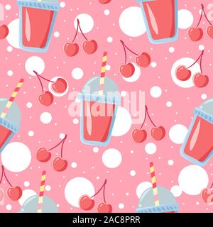 Lemonade juice, beverage with cherries in a transparent cup of tea, seamless patterm. Illustration of summer drink and pink fruits. Stock Vector