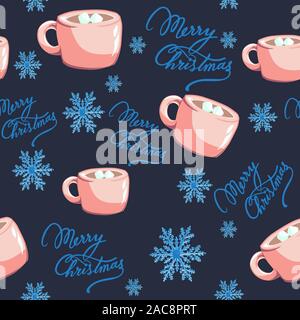 Pink cups with hot chocolate, snowflakes and Merry Christmas text seamless pattern for winter holidays. Repetitive background with mugs and cold weath Stock Vector