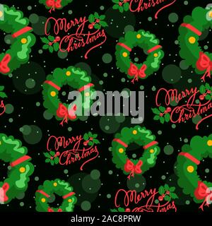 Merry Christmas calligraphic text with leaves door decoration and bow, seamless pattern. Repetitive green background with snowflakes and ribbons Stock Vector