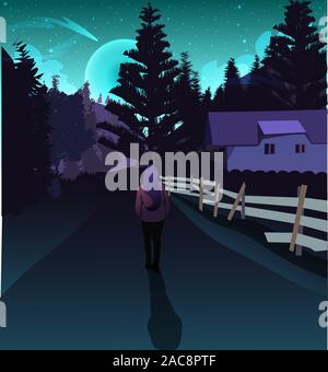 Woman traveling in a mountain forest under the twilight and lights of the aurora borealis. Magic blue and purple modern neon northern lights illustrat Stock Vector