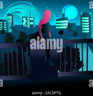 Young woman with pink hair looking at the city lights and the building in town. Big buildings and skyscrapers under the moonlight Stock Vector