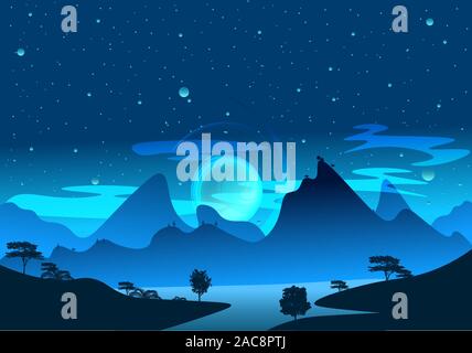 Magic blue and light art nature landscape illustration of a mountain lake in the morning. Fantasy sunrise and starry sky full of fog, mist and shadows Stock Vector