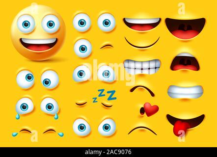 Smileys emoticon character creation vector set. Smiley emoji face kit eyes and mouth in angry, crazy, crying, naughty, kissing and laughing expression. Stock Vector