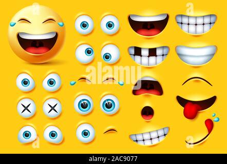 Smiley emoji creation kit vector set. Smileys emoticons and emojis face kit eyes and mouth in surprise, excited, hungry, and funny feelings isolated. Stock Vector