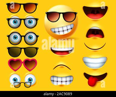 Smileys emoticons with sunglasses vector creation kit. Smiley emojis and emoticon head face kit eye and mouth in surprise, angry, sad, naughty. Stock Vector