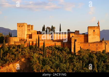 view of Alhambra palace at sunset Granada - Andalusia, Spain, viewed from city of Granada Stock Photo