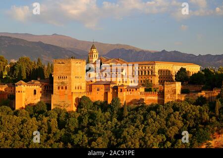 view of Alhambra palace at sunset Granada - Andalusia, Spain, viewed from city of Granada Stock Photo