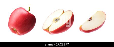 Set of fresh whole, cut half and slice red apple isolated on white background Stock Photo