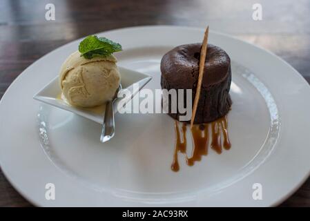 Chocolate pudding and ice cream Stock Photo