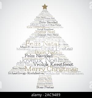 Christmas tree made from "Merry Christmas" in different languages in vector format. Stock Vector