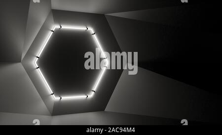 Abstract geometry lit by a neon white hexagonal lamp. Soft shadows. 3D illustration. The vanishing point of the wall geometry in the center of the ima Stock Photo