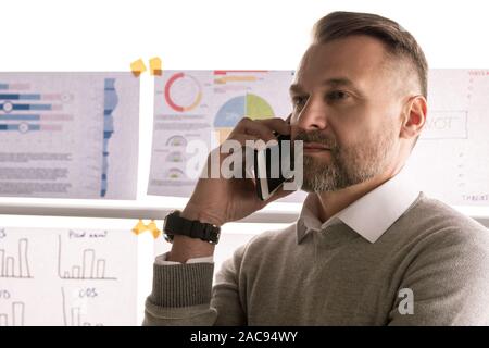 Confident mature broker holding smartphone by ear while talking to client on background of documents on whiteboard Stock Photo