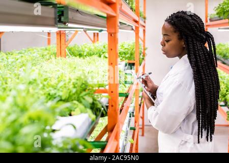 Contemporary young female biologist making notes in document while standing by shelf with green seedlings inside greenhouse Stock Photo