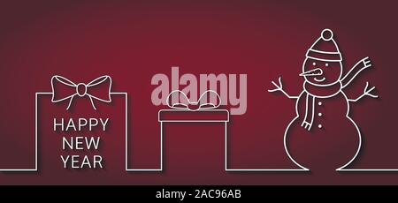 Happy New Year banner with outline snowman and gift boxes Stock Vector