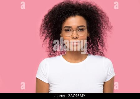 Head shot portrait confident African American woman in glasses Stock Photo