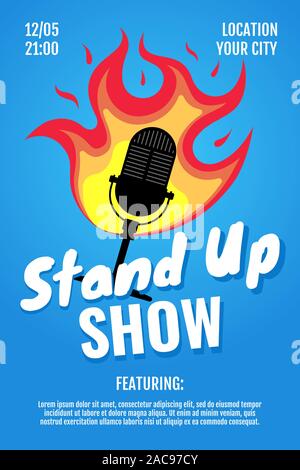 Stand up comedy night live show A3 A4 poster design template. Standup microphone with fire on blue background. Hot jokes roast concept flyer. Vector open stage mic event illustration Stock Vector