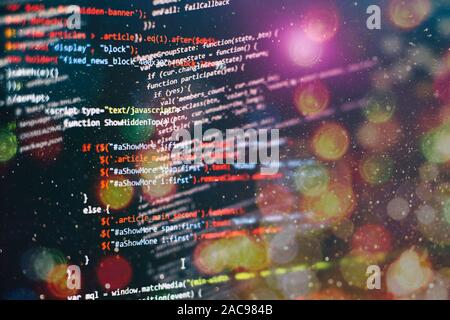 Digital technology on display. HTML5 in editor for website development. Website HTML Code on the Laptop Display Closeup Photo. Stock Photo