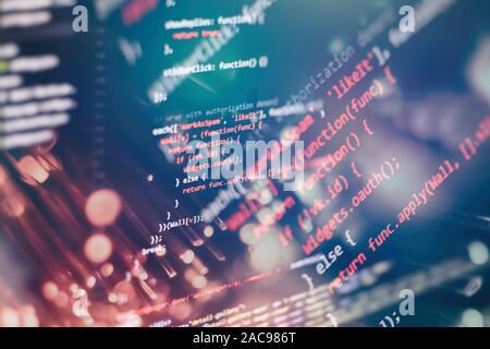 Monitor closeup of function source code.Writing programming functions on laptop. Big data and Internet of things trend. Stock Photo