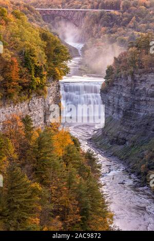 Upper and Middle Falls on the Genesse RIver at dusk from Inspriation Point in Letchworth State Park, New York. Stock Photo